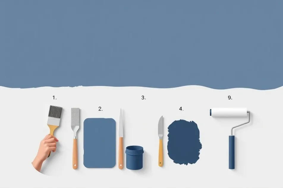 Outils de peinture disposés dans l'ordre des étapes du chantier