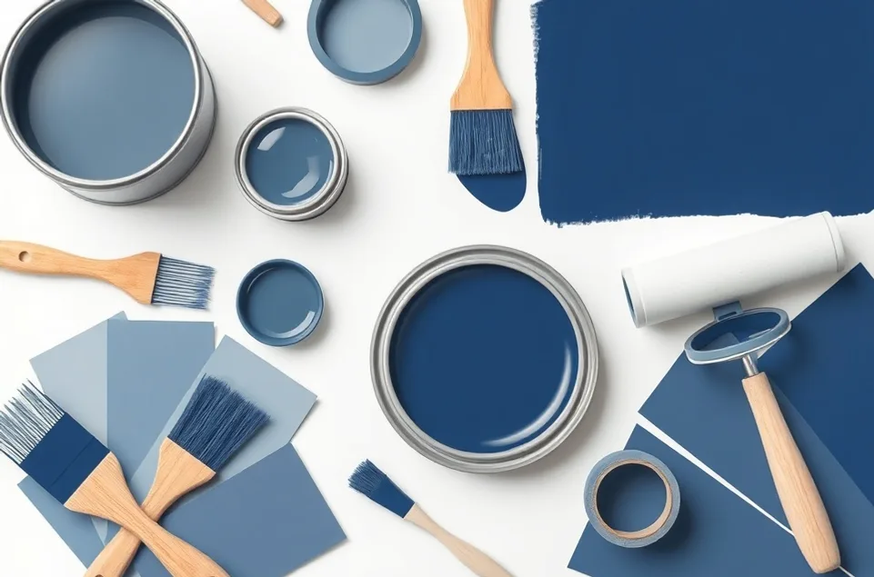 Pots de peinture, nuancier, brosses et rouleaux disposés à plat