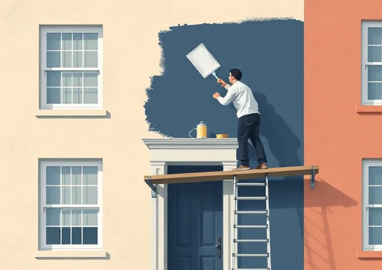 Peintre sur échafaudage traitant la façade d'une maison